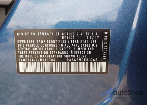 2018 Volkswagen Jetta 1.4T Se/1.4T Wolfsburg Edition z USA, uszkodzony, nr VIN 3VWDB7AJ2JM261704